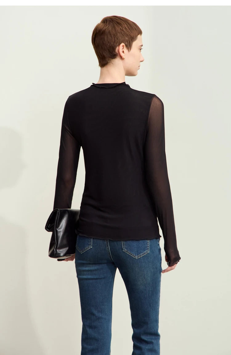 Amii Minimalism Mesh T-shirts For Women 2025 Spring New Office Lady Half-high Neck Micro Perspective Slim Retro Shirt 12423055