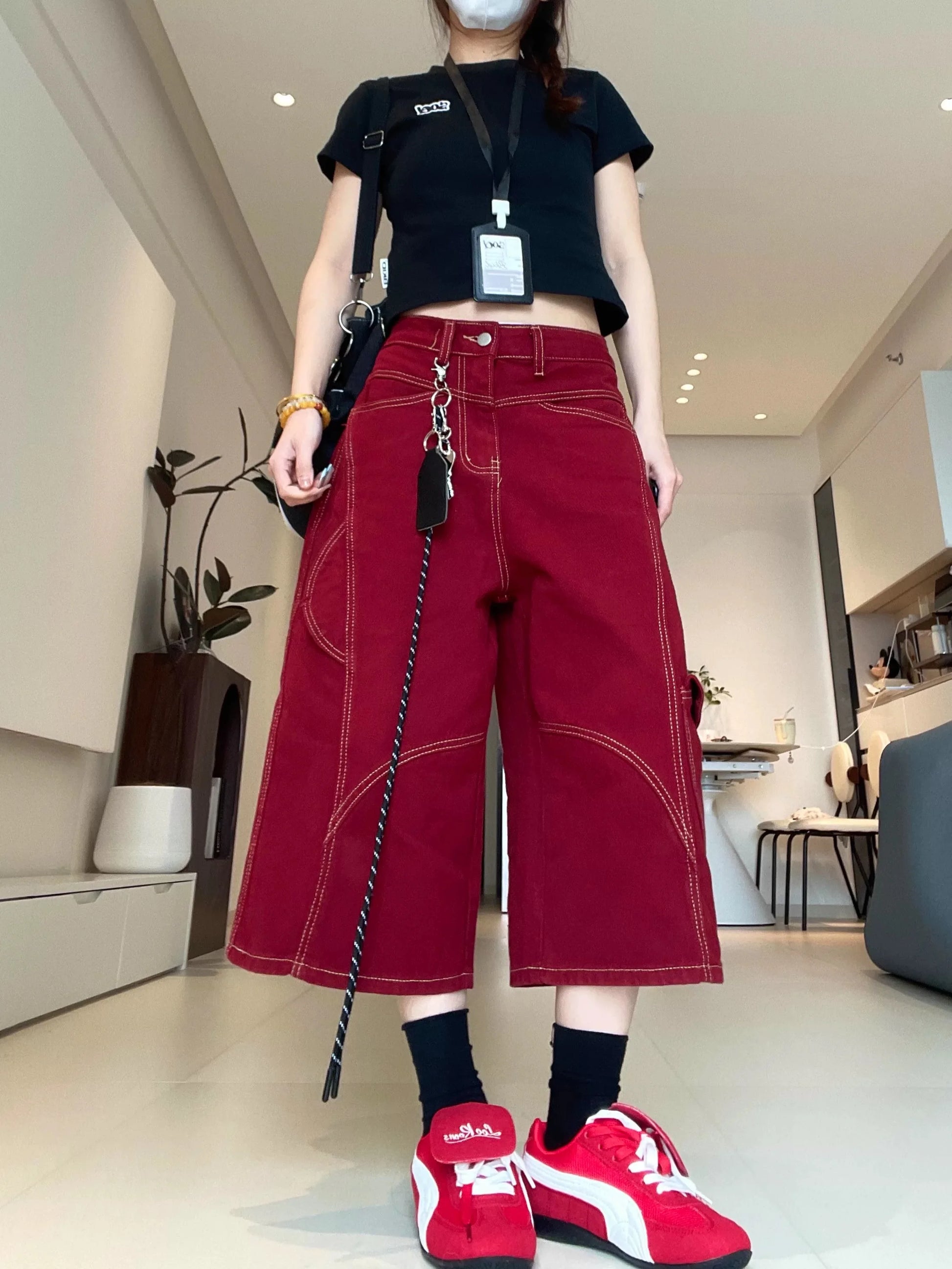 Botvotee Burgundy Calf Jeans for Women High Waisted Wide Leg Baggy Cargo Denim Shorts 2000s Y2k Vintage Streetwear Short Jeans