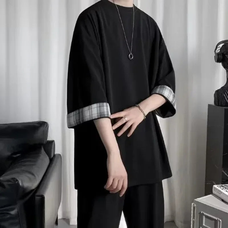 New Fashionable Summer Korean Style Short Sleeve T-shirt For Men Loose Fit Trendy Two-piece Illusion Half Sleeve Hong Kong Style