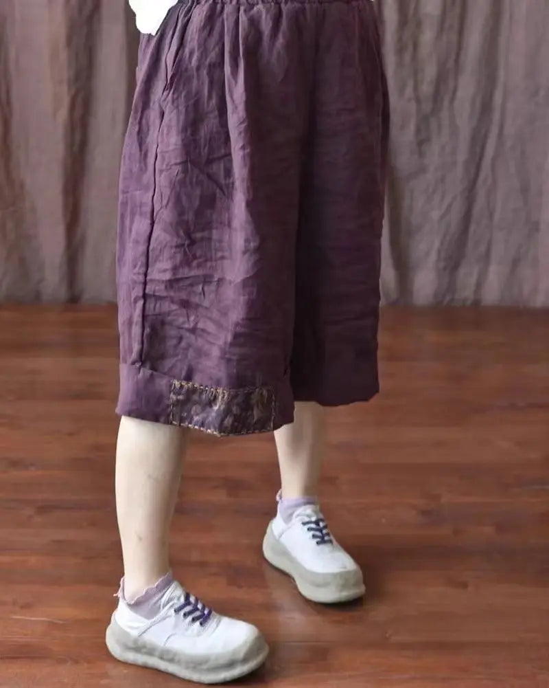 Women Retro Ethnic Style Patch Oversize Cotton Linen Short Pants Summer Female Casual High Waist Beach Shorts Pantalones Cortos