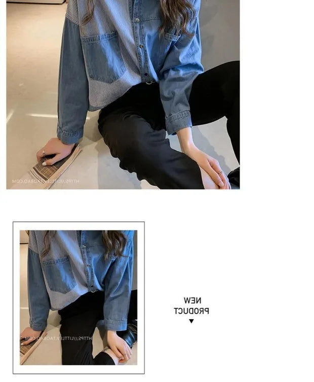 Womens' Splicing Striped Shirt Fashion Spring Autumn Versatile Thin Outerwears Korean Fashion Loose Blue Denim Jackets