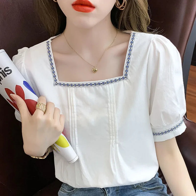 Women Clothing Summer Korean Fashion Embroidered Solid Color Square Collar Puff Sleeve Femme All-match Pleated Short Sleeve Tops