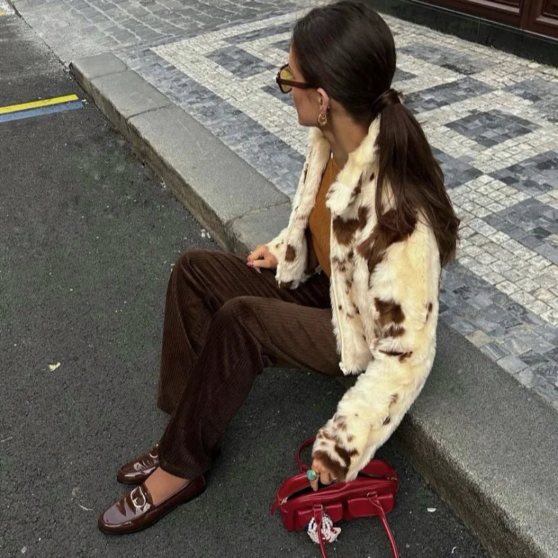 Faux Fur Contrast Women Coat 2025 Lapel Zipper Long Sleeve Female Coats Vintage Autumn Winter Pocket Thicken Warm Lady Outwear