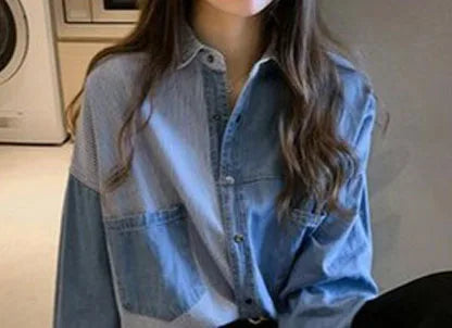 Womens' Splicing Striped Shirt Fashion Spring Autumn Versatile Thin Outerwears Korean Fashion Loose Blue Denim Jackets