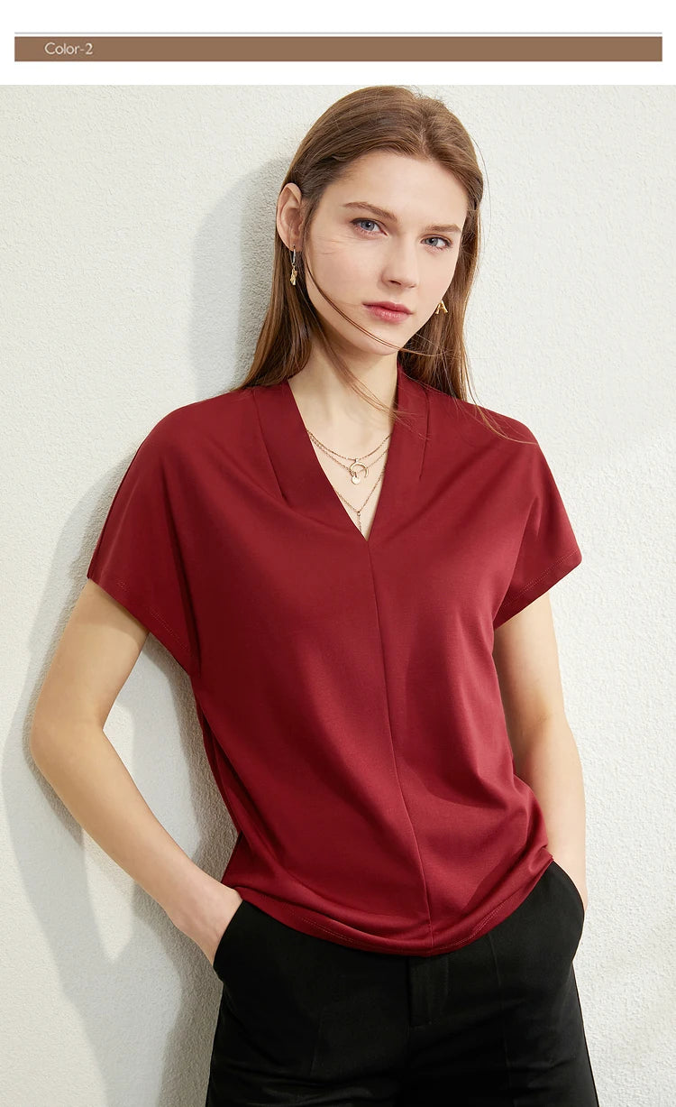 AMII Minimalism 2023 Summer Women's T-shirt Classic Style Casual V-neck Short Sleeve Solid Stretch Female Tops & Tees 12312013