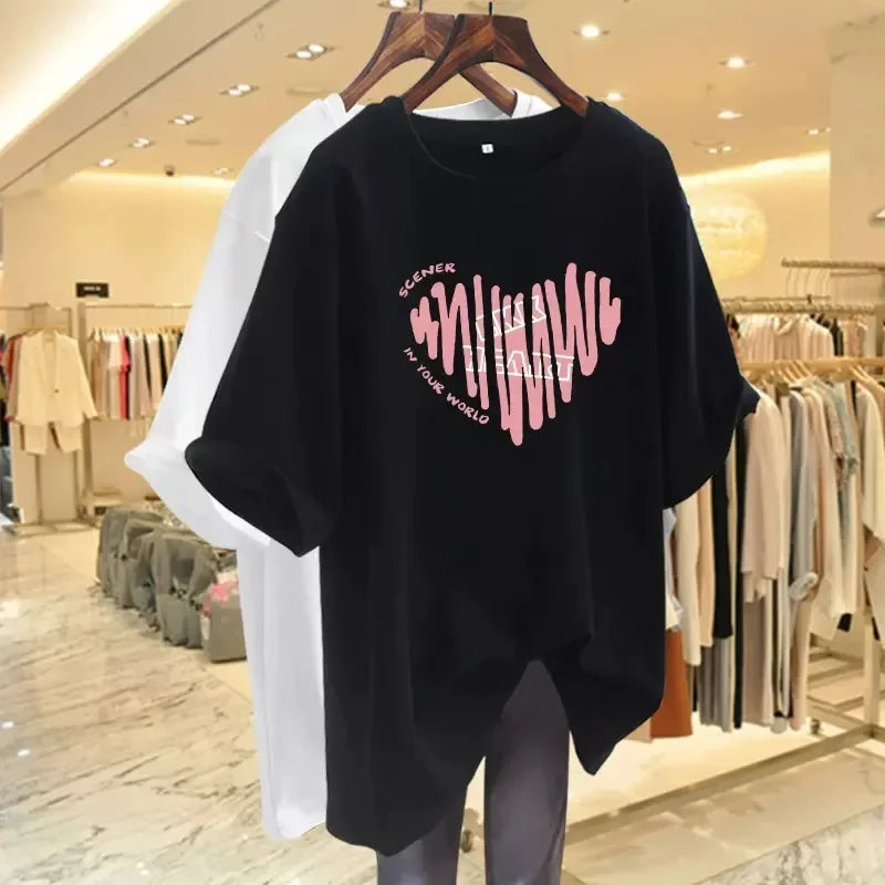 Pink Women's T-shirt Short Sleeve Medium-length Loose-fit Printing Heart Design European Style Casual Wear