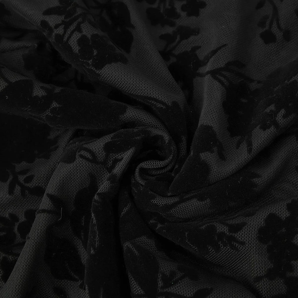 Sexy Women's Black Floral Flocking Sheer Mesh Mock Neck Long Sleeve Bodysuit