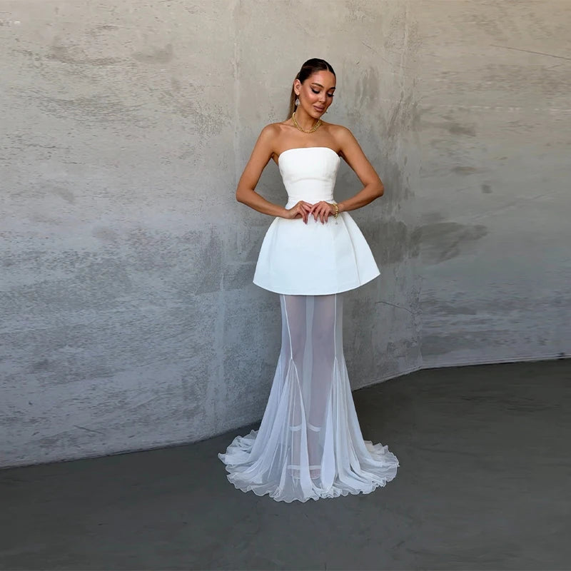 Elegant Lace Long Skirt Set Women Strapless Tube Top Short Dress Floor-Length Mermaid Skirts 2025 Summer Lady Party 2 Pieces Set