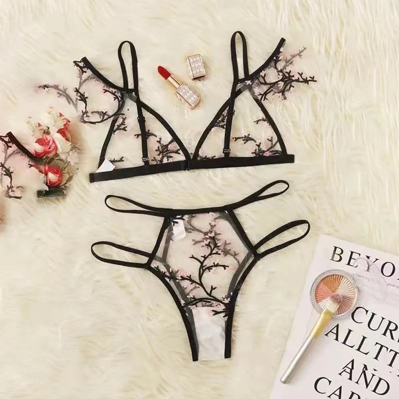 Sexy Lingerie Woman Lace Transparent Underwear Fairy Embroidery Brief Sets Delicate Bra Kit Push Up Breves Sets Thin Erotic Bras
