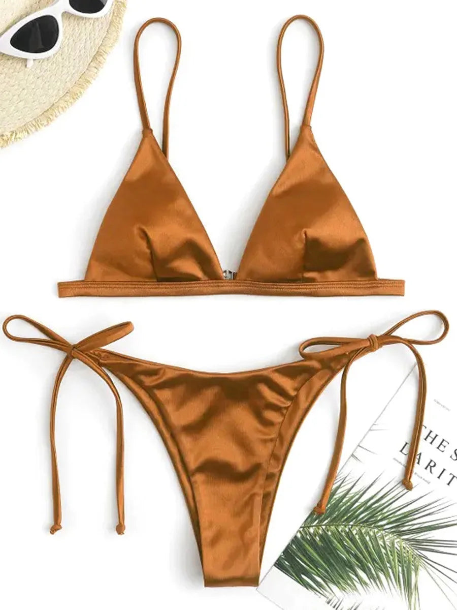 2025 Metallic Satin High Cut Brazilian Bikini Women Swimwear Female Swimsuit Two-pieces Bikini Set Bathing Suit Swim Beach Wear