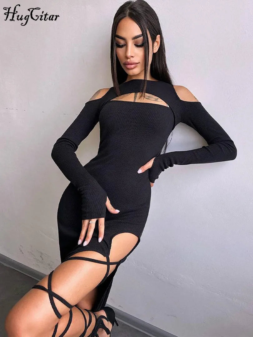 Hugcitar Long Sleeve Solid Hollow Out Slit Lace Up Elegant Sexy Bodycon Maxi Prom Dress 2023 Fall Women Birthday Party Outfit "