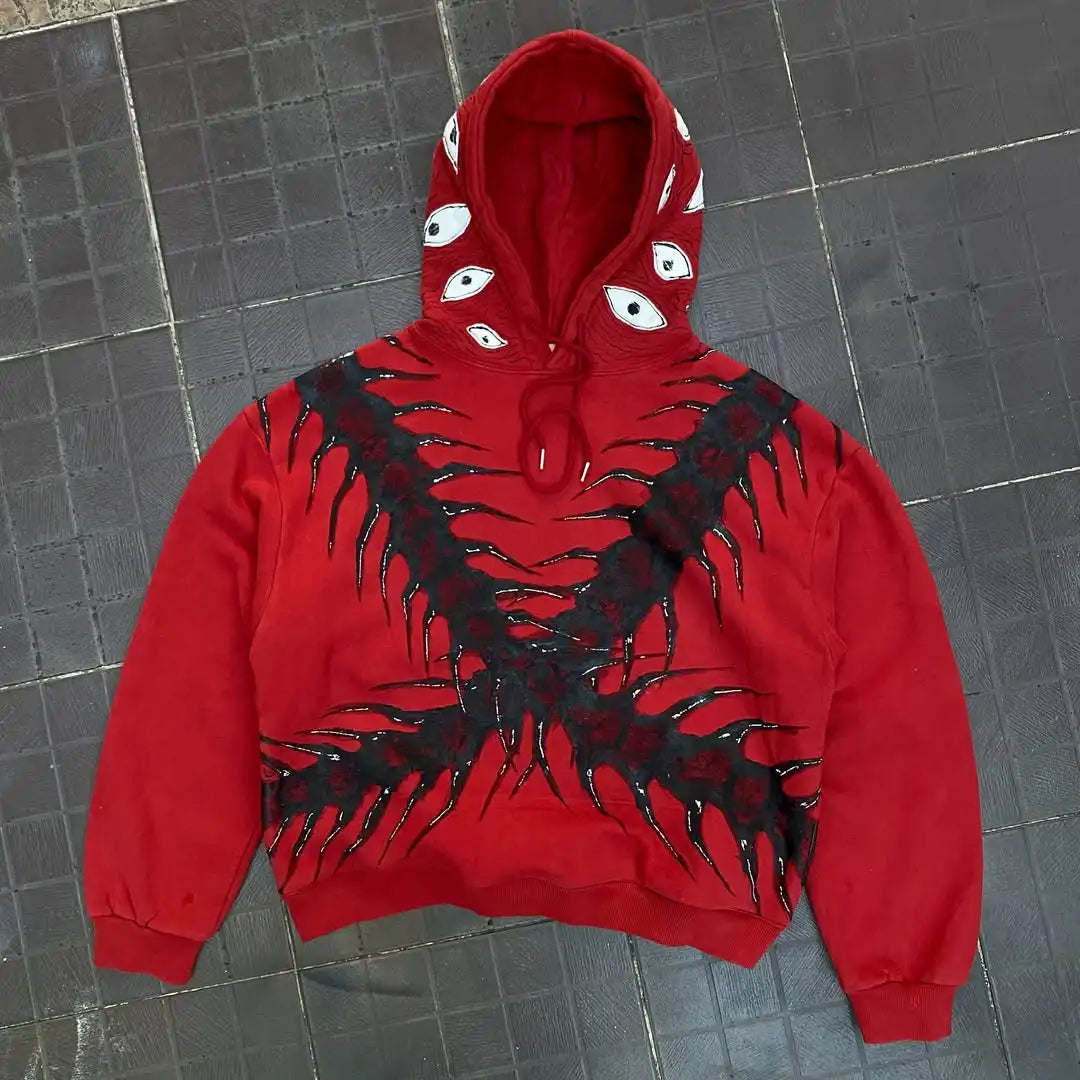 New Fashion American Gothic Style Cthulhu Bug Pattern Red Hoodie Men's Loose Casual Street Pop Hip Hop Rap Y2K Sweatshirt