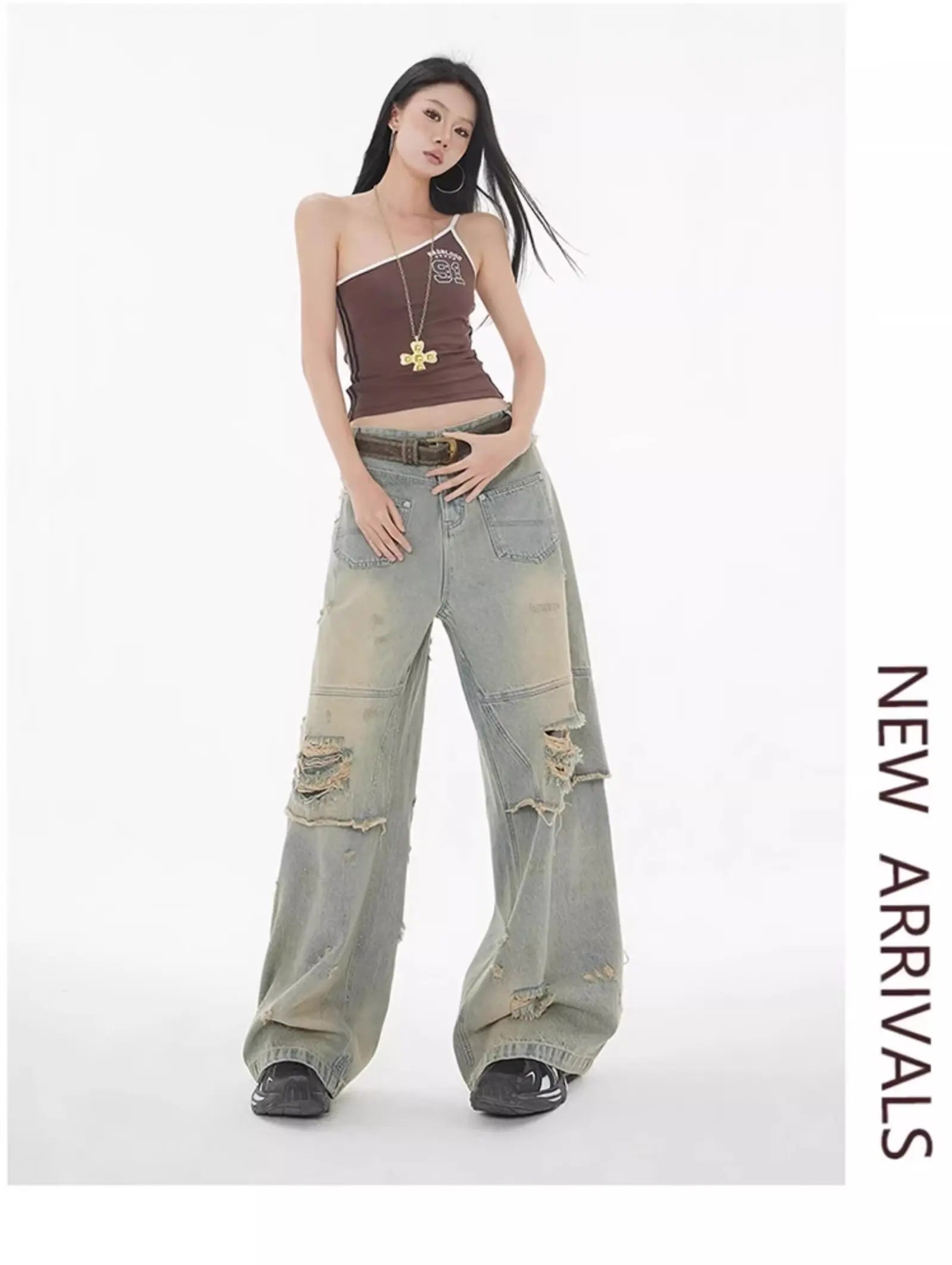 American High Street Wasteland Style Ripped Jeans Spring and Summer Loose Washing and Old Wide-leg Japanese and Korean Baggy