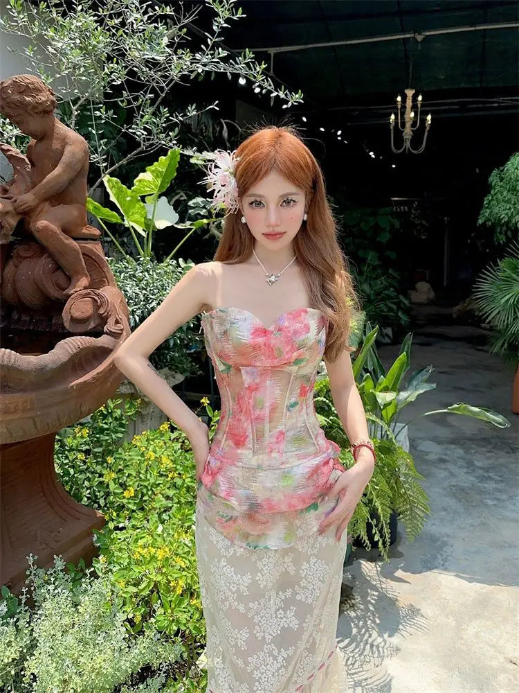 Summer Women Two Piece Set Floral Corset Top and Lace Midi Skirt Elegant Mesh Outfit Slim Fit Vintage French Style Beach Suit