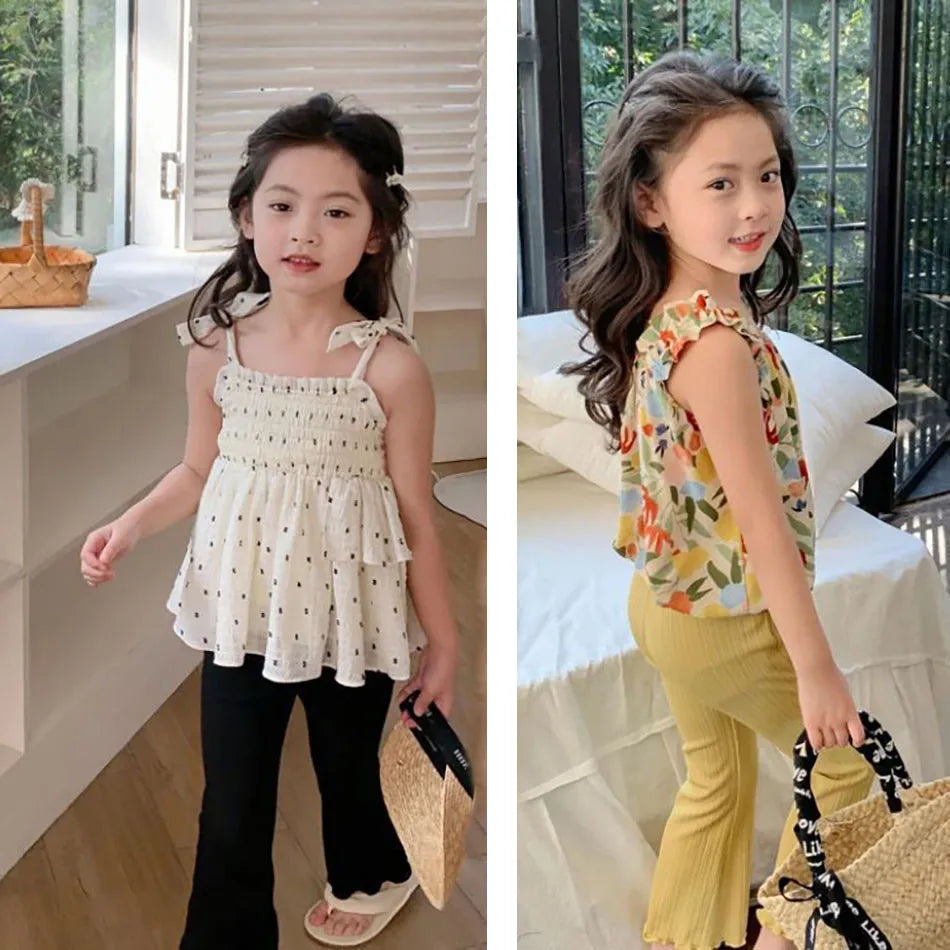 Children Summer Solid Color Thin Ribbed Knit Flared Pants Girls Casual Trousers Korea Fashion Pants Girl Princess Style Capris