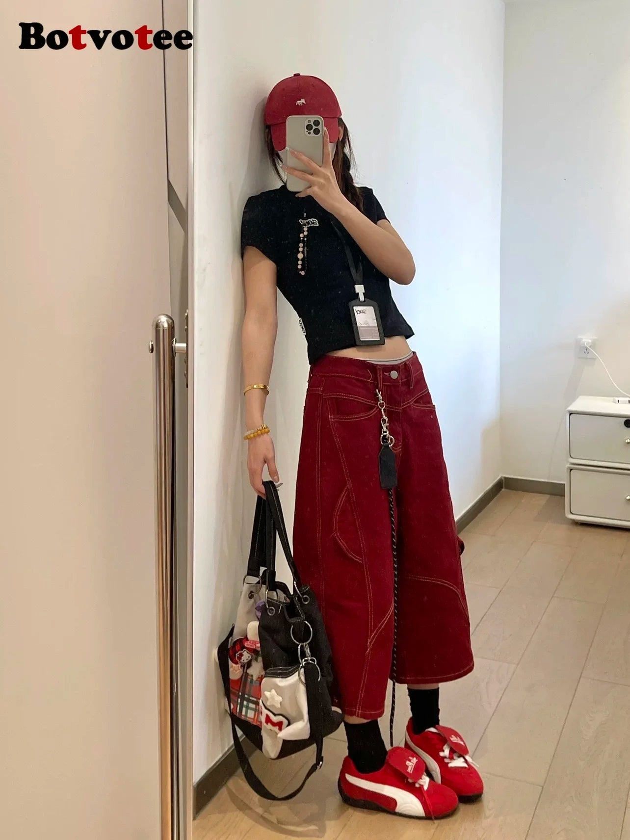Botvotee Burgundy Calf Jeans for Women High Waisted Wide Leg Baggy Cargo Denim Shorts 2000s Y2k Vintage Streetwear Short Jeans
