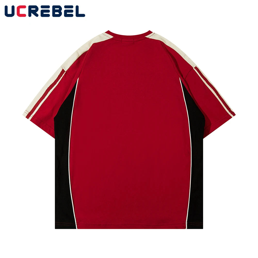 Letter Print Short Sleeve T-shirt Mens Summer Casual Crew Neck Contrast Paneled Cotton Loose Tee Men