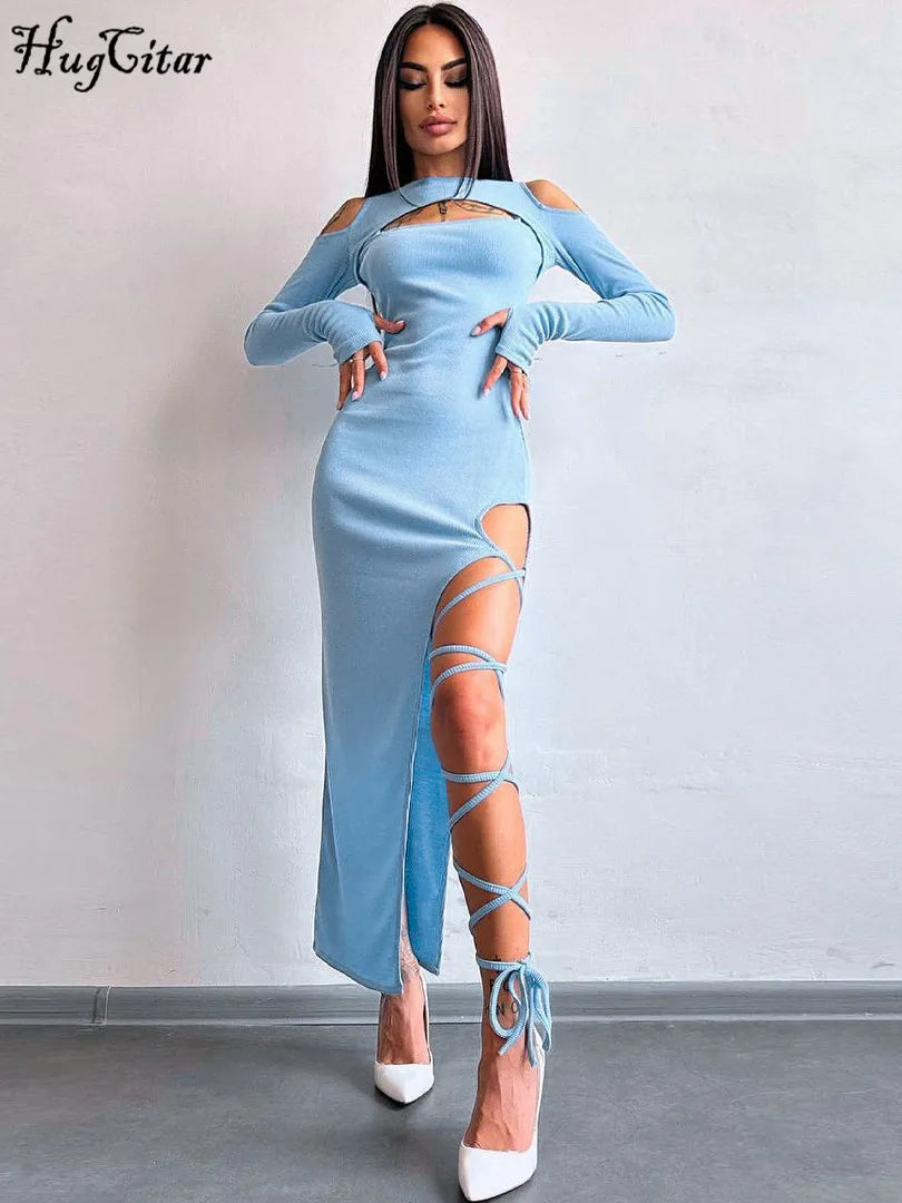 Hugcitar Long Sleeve Solid Hollow Out Slit Lace Up Elegant Sexy Bodycon Maxi Prom Dress 2023 Fall Women Birthday Party Outfit "
