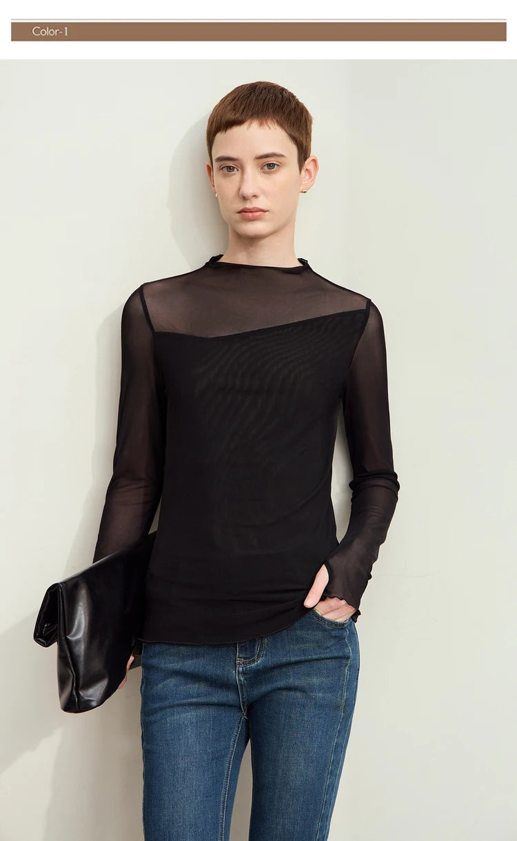 Amii Minimalism Mesh T-shirts For Women 2025 Spring New Office Lady Half-high Neck Micro Perspective Slim Retro Shirt 12423055