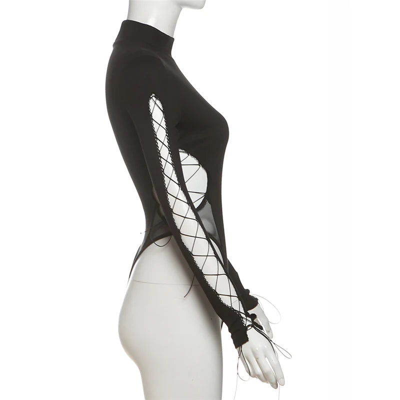 SylCue Irregular Hollow Solid Skinny Bodysuit Women Turtleneck Shirring Full Sleeve Spicy Girl Fashion Trend Classic Streetwear