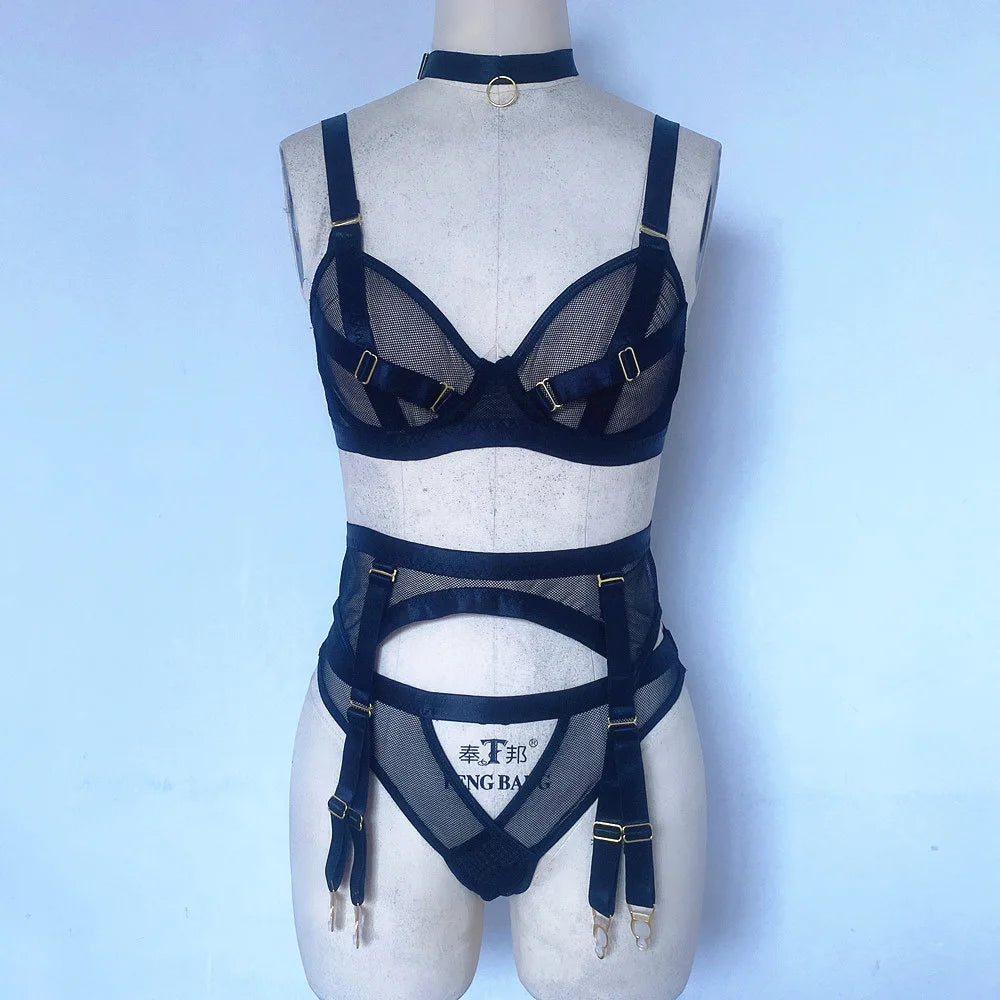 Cross-border new black mesh heavy-duty push-up bra with steel ring garter belt sexy sister lingerie set neck strap