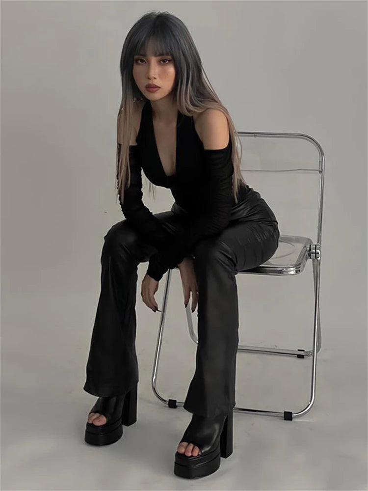 Vintage Off Shoulder Hollow-out Slim Bodycon Jumpsuit Sexy V-neck Y2K Halter Long Sleeve Body Tops Club Outwear Bodysuits Women