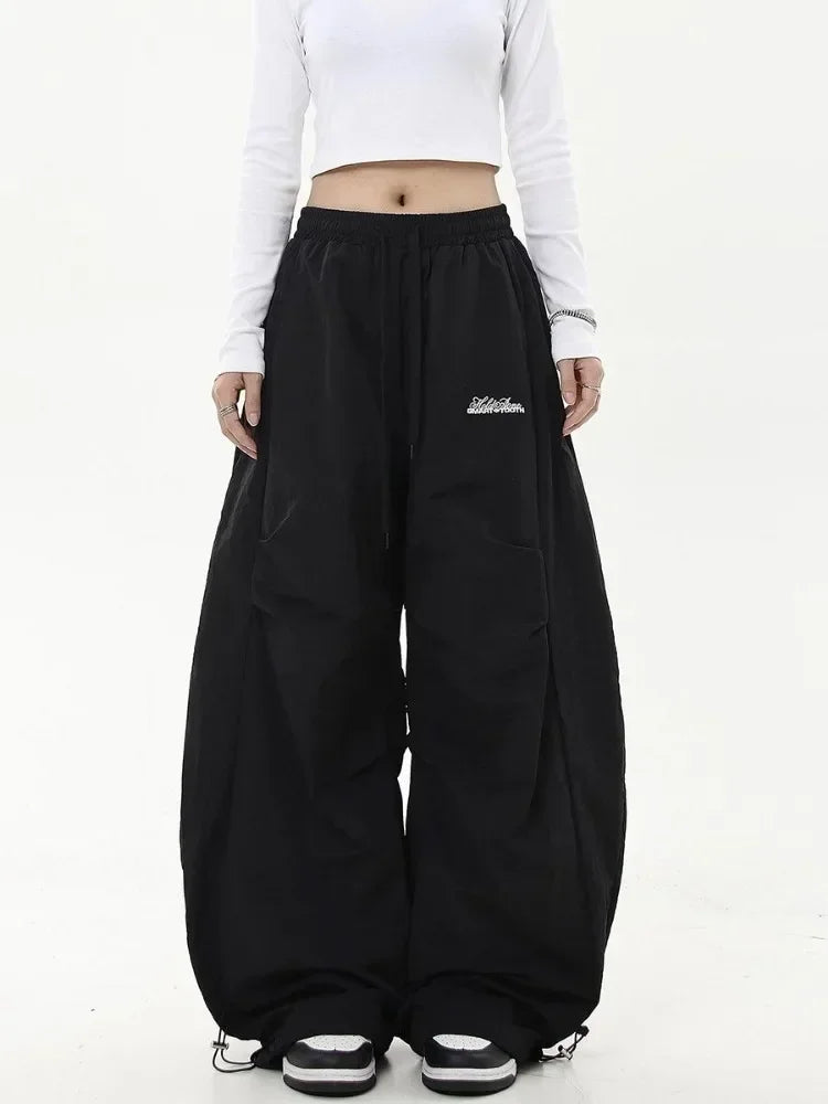 HOUZHOU Oversized Brushed Women Pants Vintage Pleated Wide Leg Trousers Warm Winter Baggy Black Trousers Harajuku Casual Joggers