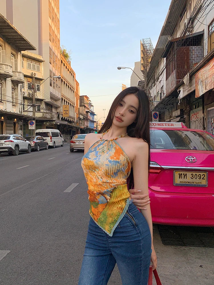 Tonngirls Vintage Tie Dye Tank Tops Women Sleeveless Lace Up Y2k Retro Camis Tops Backless Summer Korean Style Tank Tops 2000s