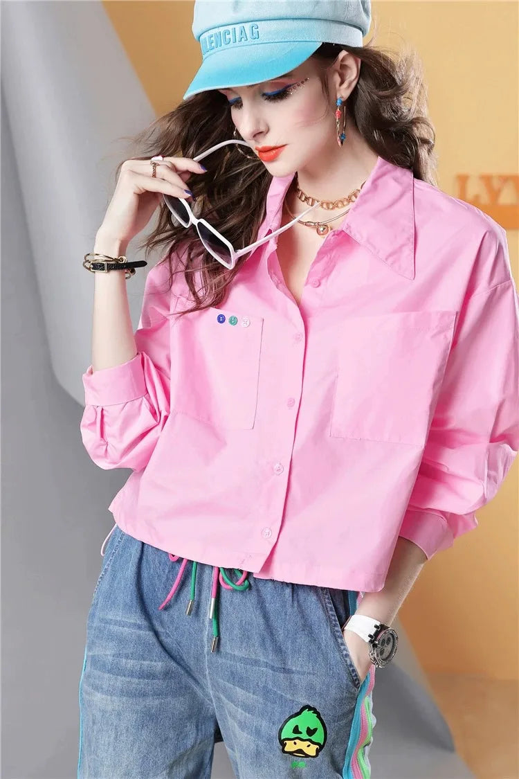 Spring and Autumn Pink Long-sleeved Printed Long-sleeved Women's Shirt Loose Polo Shirt Casual Cotton Top Women's Clothes