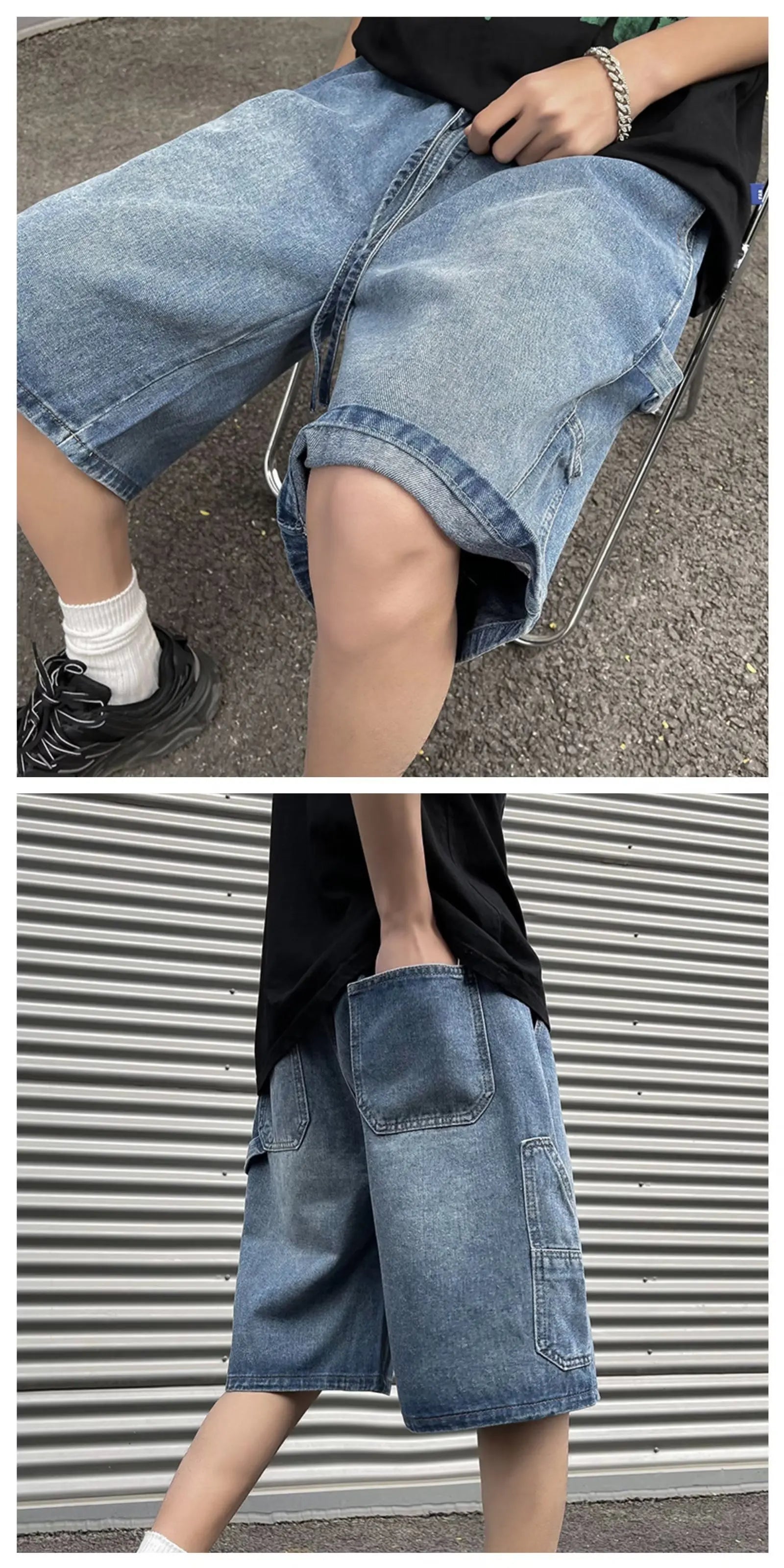 Fashionable Loose-fit Straight-leg Denim Shorts Simple Solid Color Casual Versatile Men's Five-point Pants