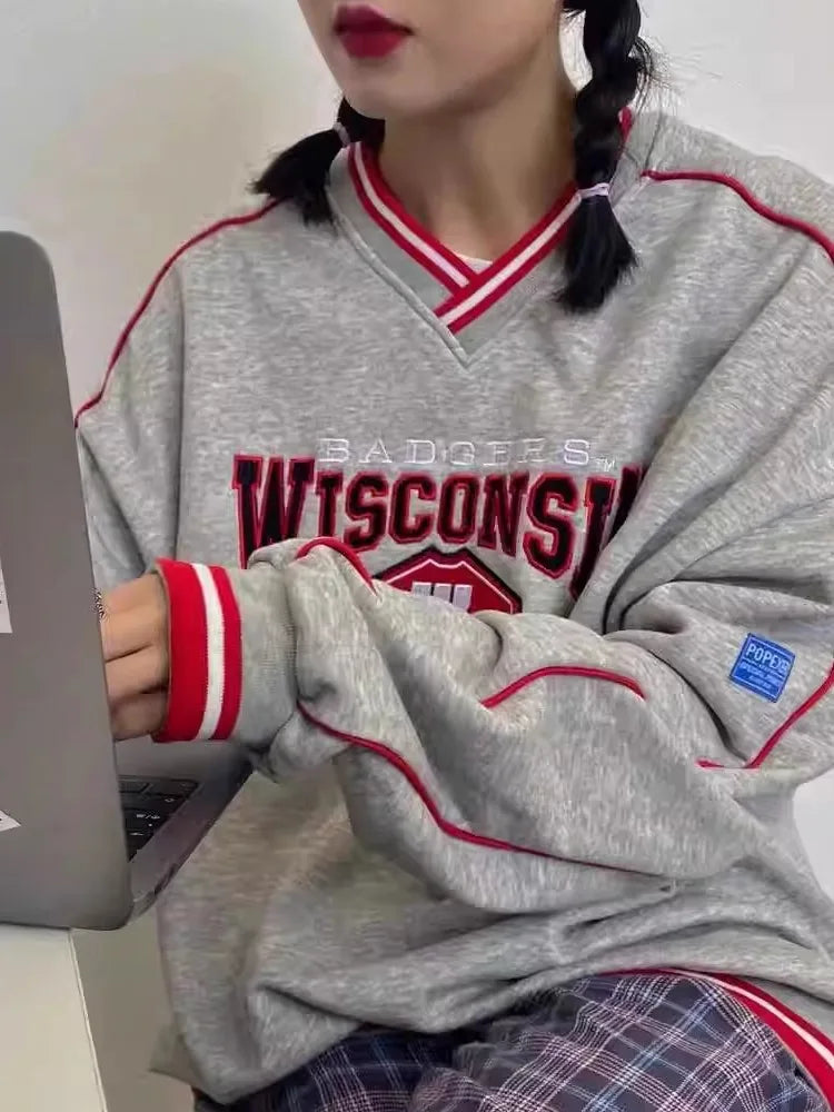 Retro American V-ne Letter Embroidery Pure Cotton College BF Sle Loose Fit Thin Hoodie Women's Autumn Baseball Jaet