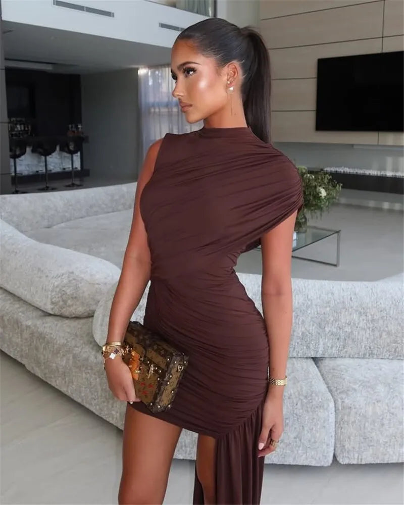 Mozision Irregular Draped Ruched Sexy Mini Dress For Women Elegant Turtleneck Sleeveless High Waist Pleated Club Party Dress