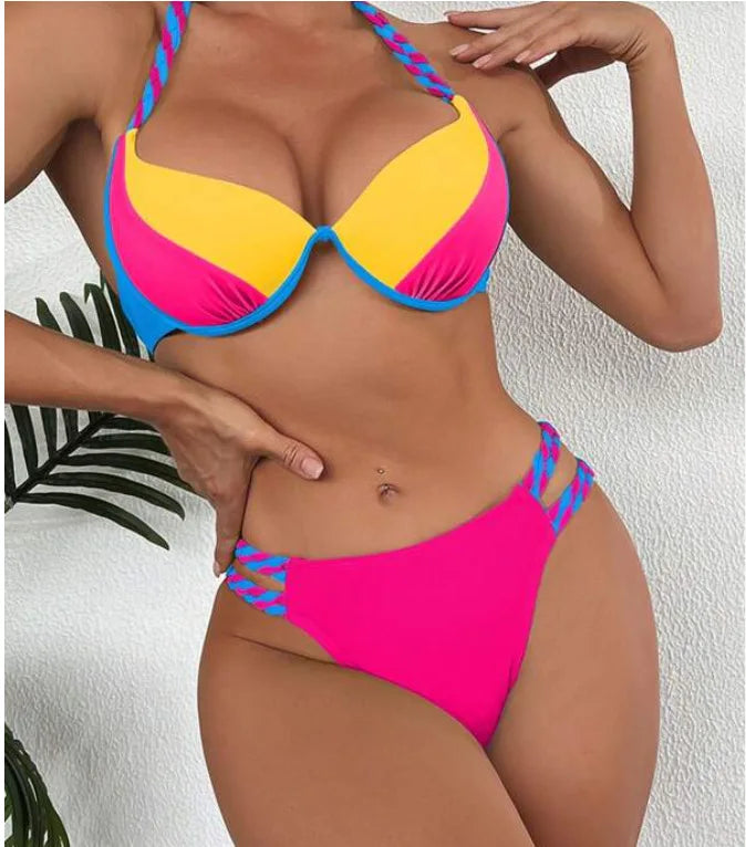 New Women's Bikini Solid Color Beach Holiday Swimsuit with Steel Tracer