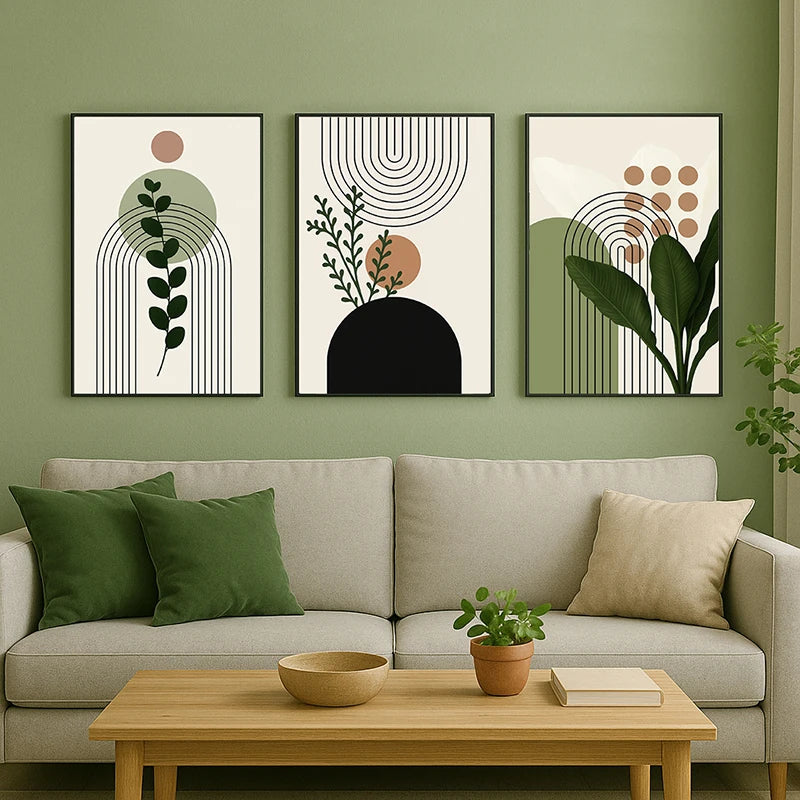 3 Piece Botanical Wall Art Set Modern Green Minimalist  Fresh Plant Canvas Prints for Living Room or Bedroom Home Decor
