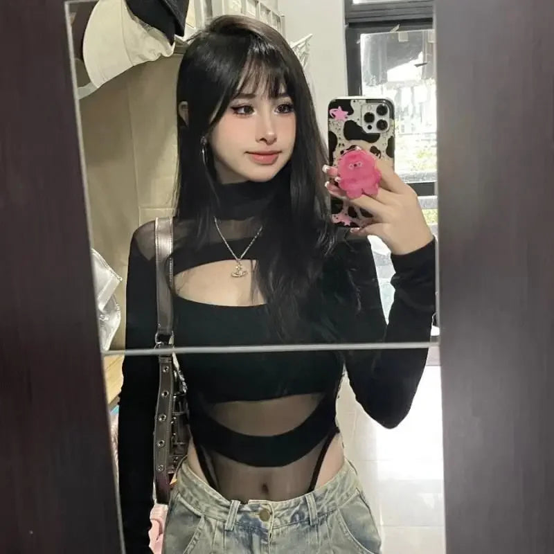 Black See Through Bodysuits Women Sexy Hollow Out Slim Fashion Gothic Clothing Simple Club Basic Mujer All-match Spring Hotsweet