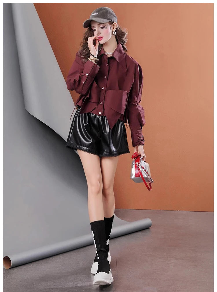 Spring new niche design solid color bow pleated short casual women's shirt for  women
