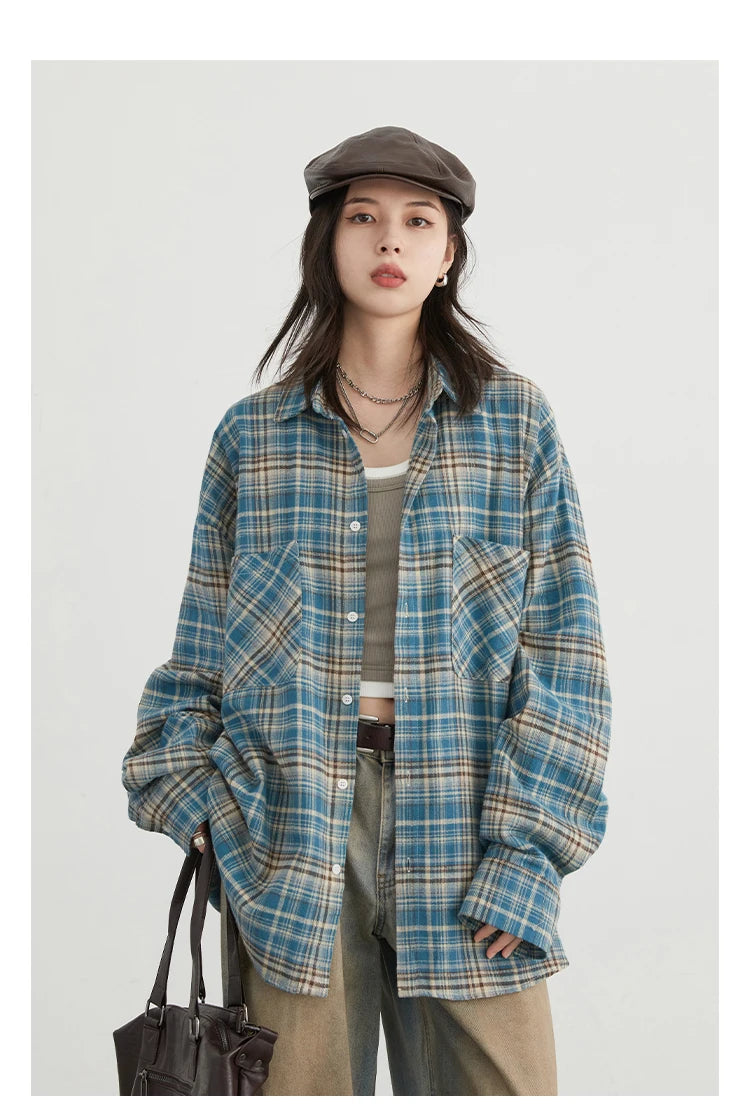 CHIC VEN Women's Cotton Shirt Single Breasted Loose New Retro Color Blocked Grid Female Blouses Autumn Spring 2024
