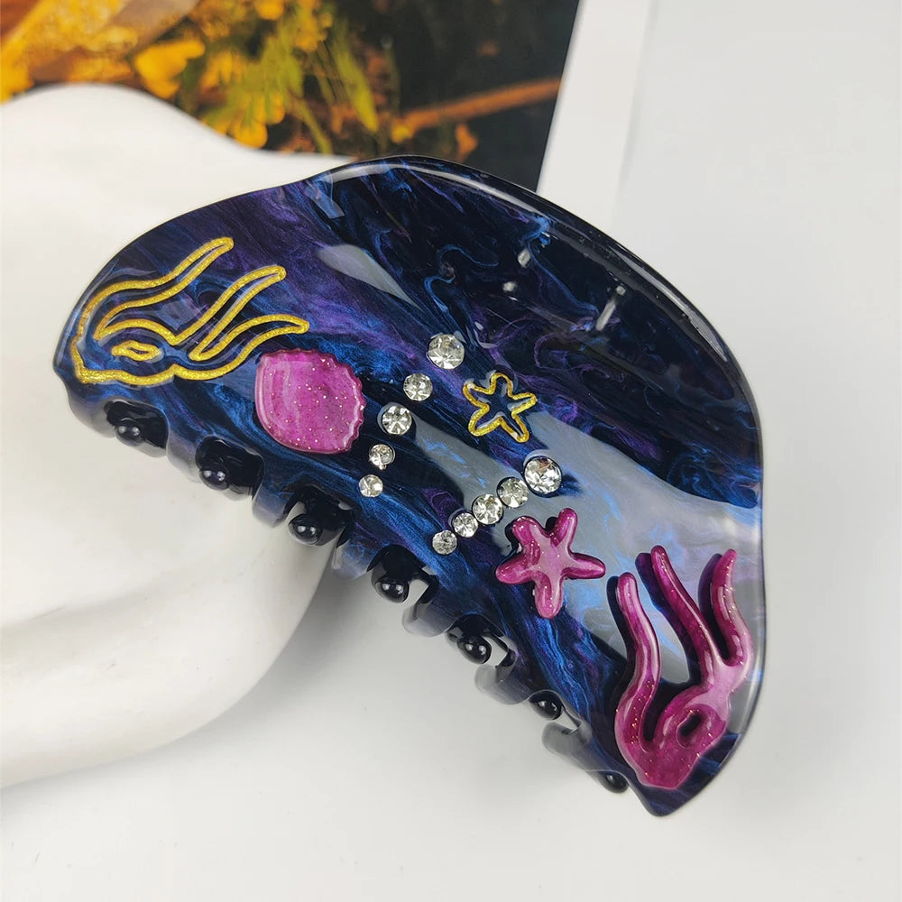 Sea Series Large Hair Claws Clip Diamond Starfish Conch Hair Clips Acetate Hair Accessories Handmade