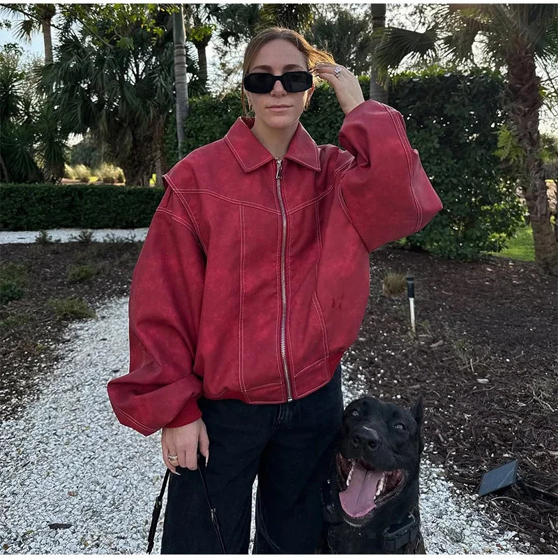 Women's Artificial Leather Short Jacket Retro Red Linen Coat Spliced Zipper Jacket Autumn Women's Lapel Pocket Street Sportswear