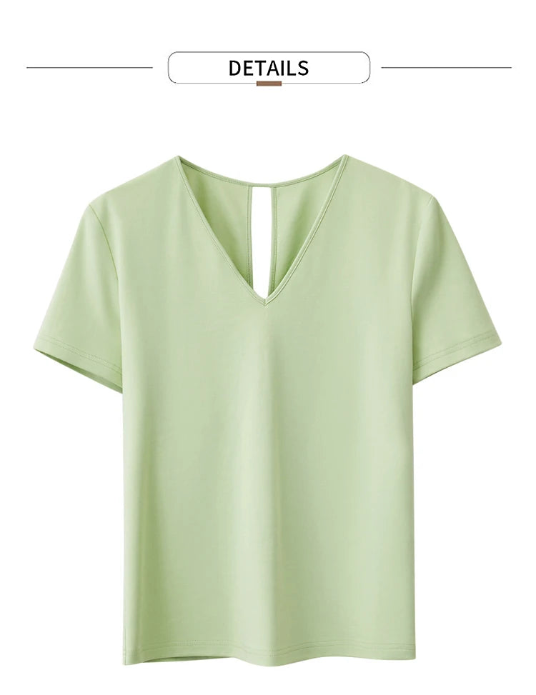 AMII Minimalism 100% Cotton Hollow Out Solid Short Sleeves Tees 2025 Spring New V Neck Top Women Casual Female T Shirt 12342289