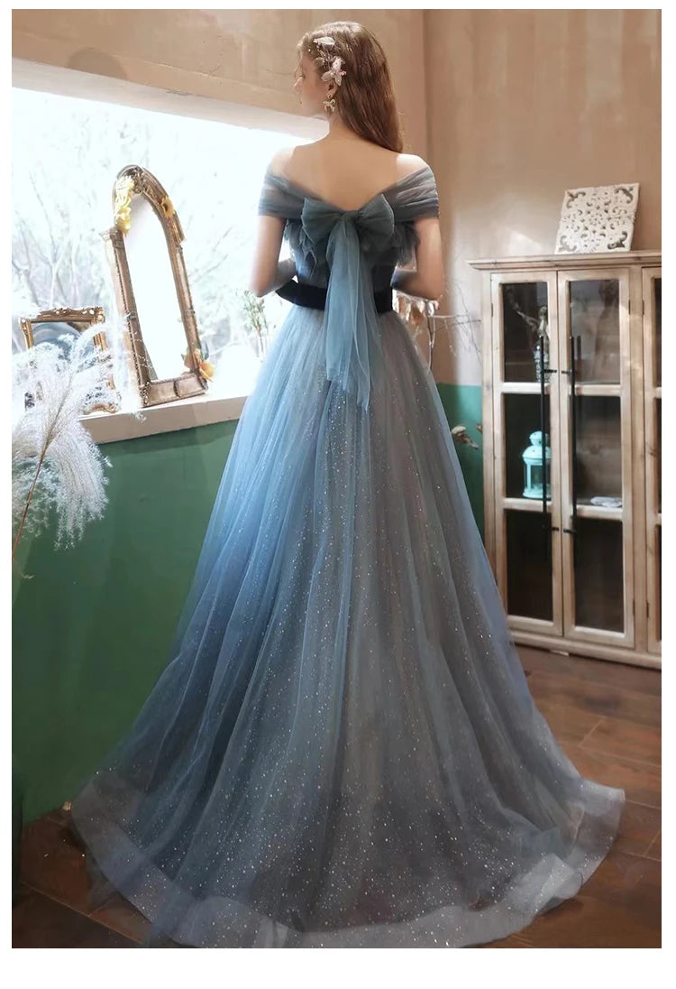New greydish blue long sweat lady girl women princess bridesmaid banquet party prom dress gown