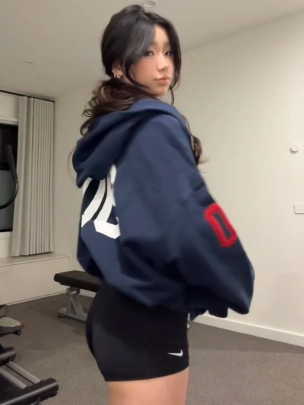 Embroidered Oversize Fce Lined Hoodie Cardigan Women's Spor Chic Autumn Winter Loose Fit Long Sve Cotton Jaet