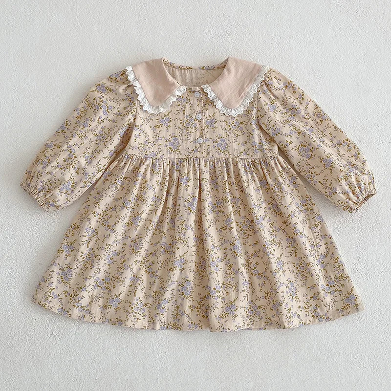 Sweet Kids Baby Girls Long Sleeve Flower Printing Princess Dress Autumn Baby Girls Doll Collar Dress Children Clothes Dress