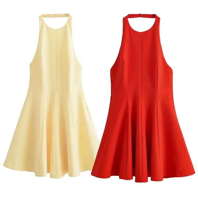 TRAF Halter Short Dress Womens Dresses Red Yellow Dress Woman Summer 2025 Ruffled Backless Sleeveless Vestidos Elegant Dress 066