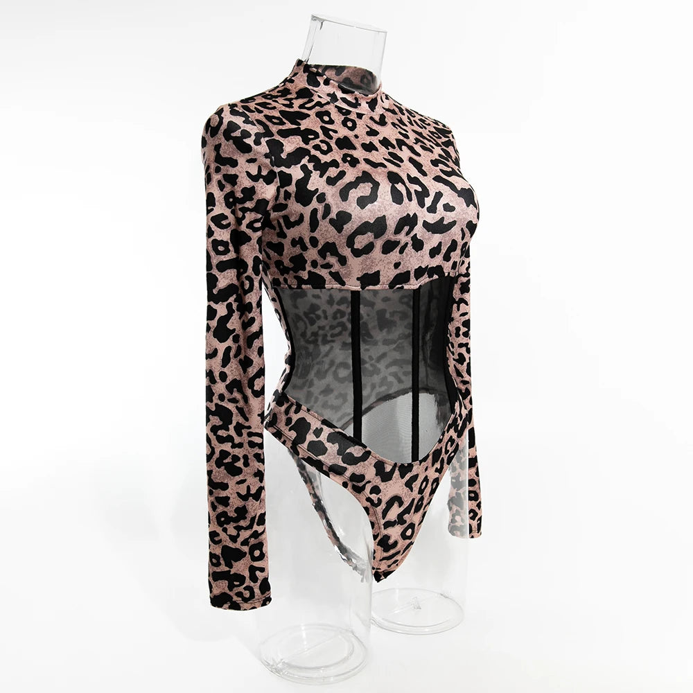 Yimunancy Leopard Print Women Mesh Bodycorn Bodysuit Long Sleeve Sexy Bodysuit Stand Colloar Body Femme