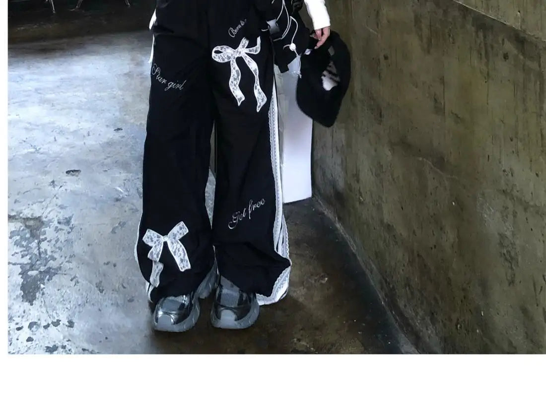 Dophee Original Spice Girls Elastic Waist All-match Loose Straight Wide Leg Pants Cute Bow Printed Splicing Lace Casual Trousers