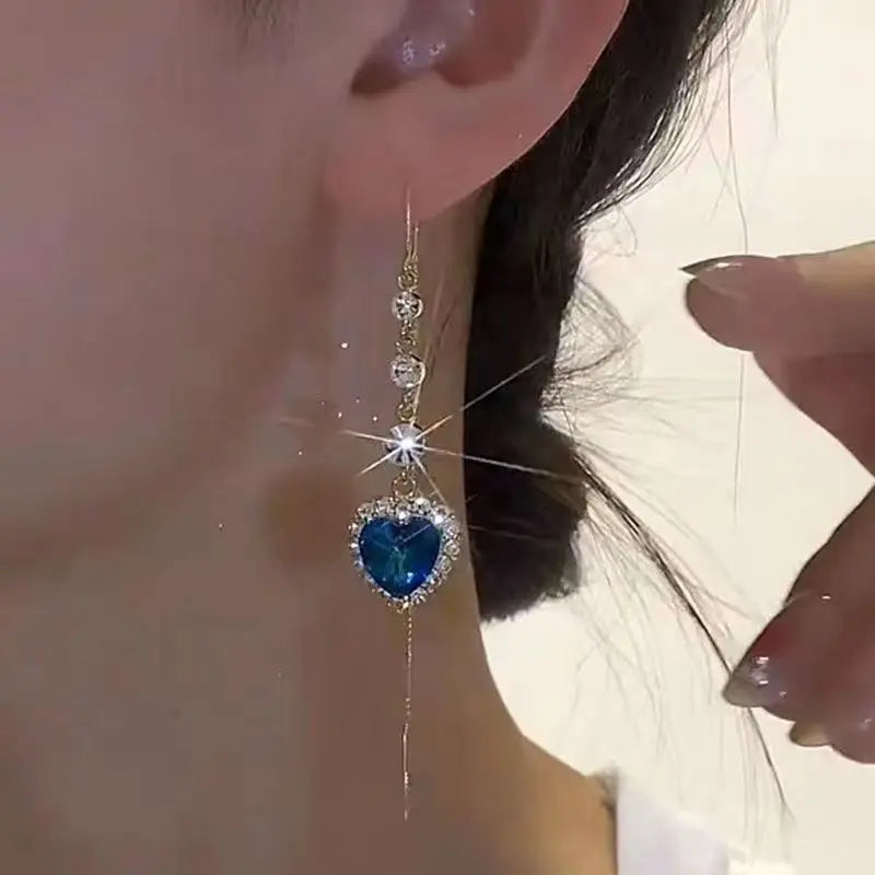 New Blue Heart Shaped Zircon Earrings For Women Light Luxury Long Tassel Ear Wire Dangle Earring Ladies Wedding Party Jewelry