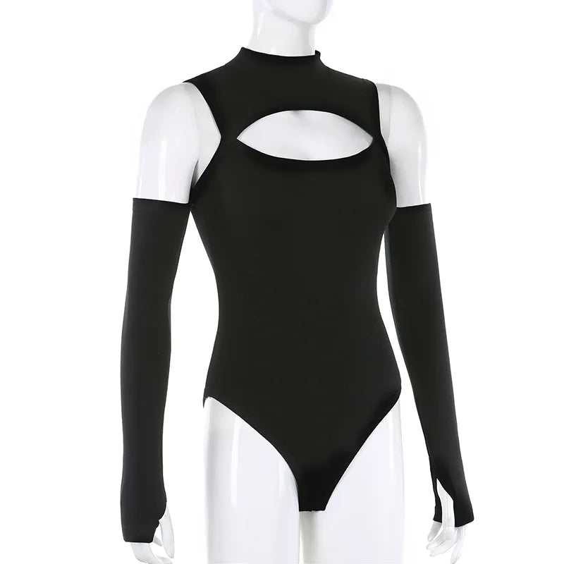 High Fashion Women’s Long-sleeved Bodysuit Solid Color Hollow Off-shoulder Half High Collar Jumpsuit
