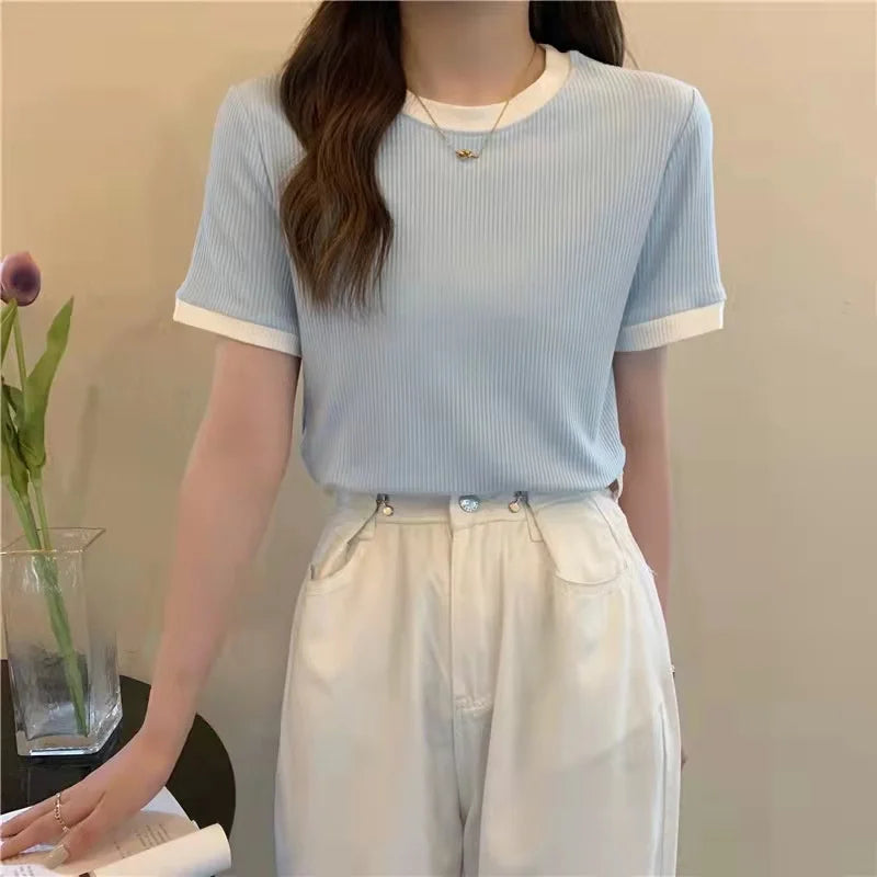 Summer Women Pure Color Short Sleeve T-shirt Elastic Slim Fit Large Round Neck Thin Body Shirt Top Korean Style Casual Comfort