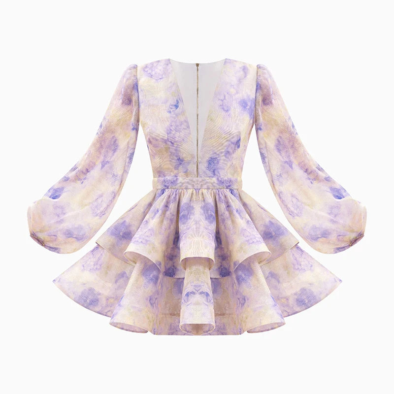 Printed Ruffled Hem Deep V-neck Puffy Dress Long Lantern Sleeve Elegant Vacation Party Short Dresses Colorful 2025 Spring Robe